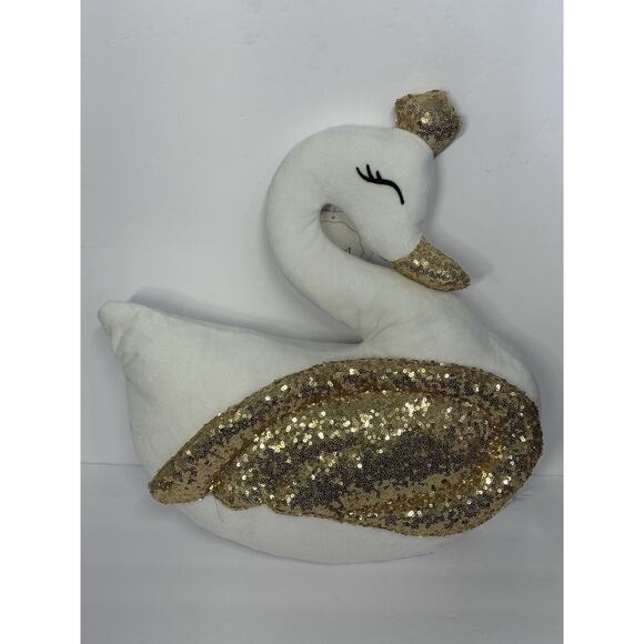 White Plush Swan Shaped Accent Pillow Gold Sequins NWT Coveted Home Decor - Picture 9 of 9